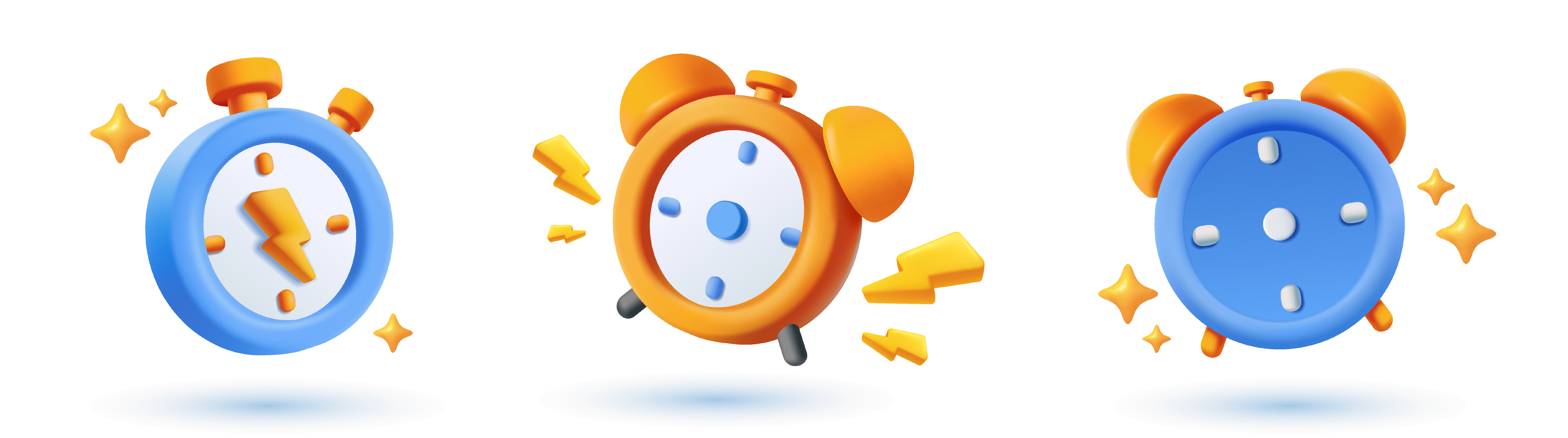 3d alarm clock icon set. Symbol of productivity, efficiency, time management, haste and energy. Realistic plasticine style vector illustration collection isolated on background